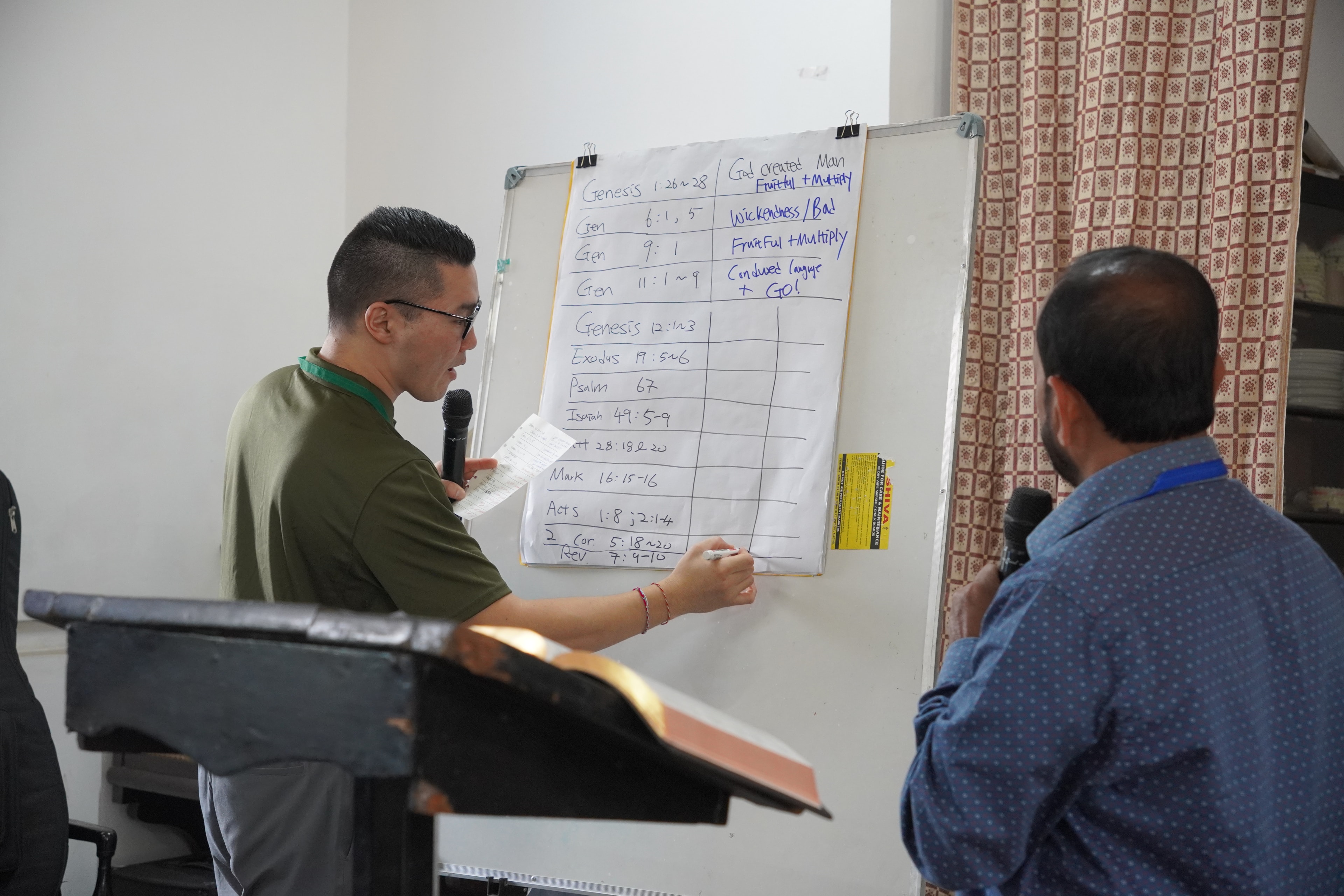 A zone leader presenting handwritten notes on a whiteboard during a leader training session